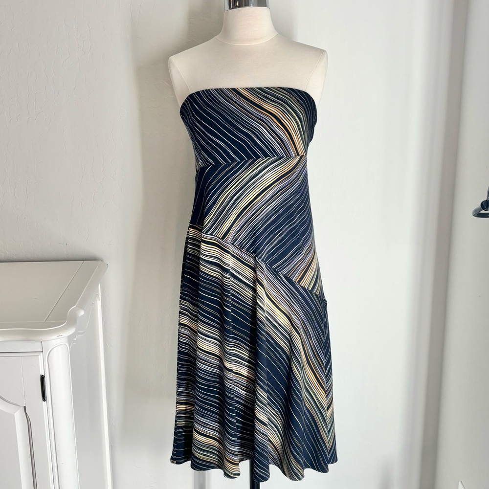 BCBGMaxAzria Blue Tan Stripe Asymmetric Strapless Stretch Dress, Large
